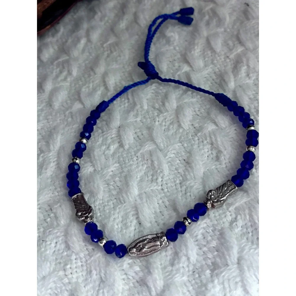 Blue Beaded Virgin Mary Bracelet Adjustable Religious Boho Catholic Jewelry